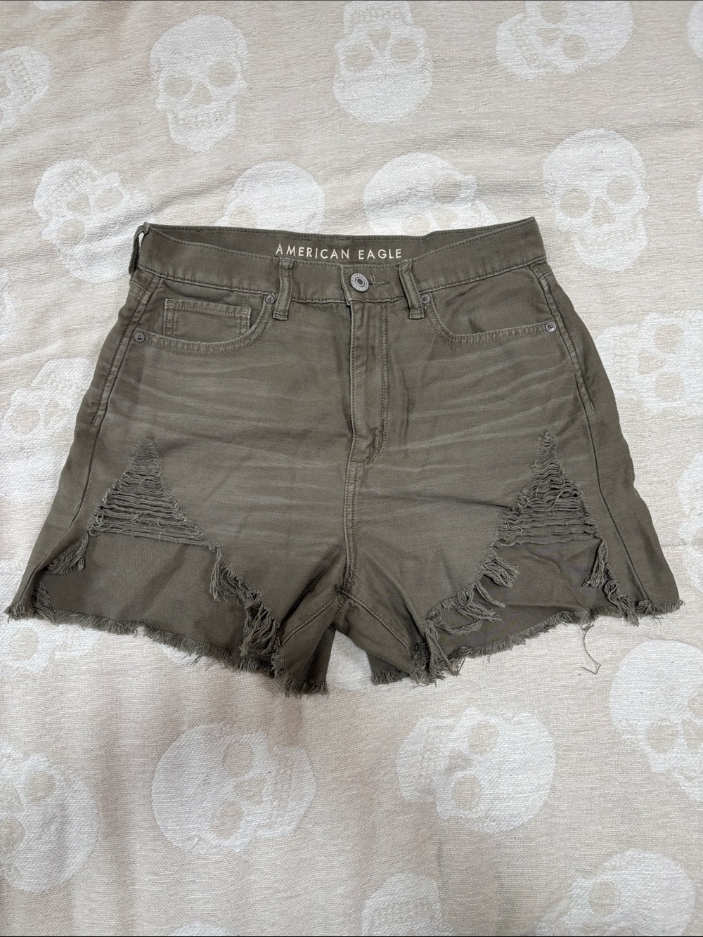 American Eagle Outfitters Olive Distressed High-Waist Denim Shorts